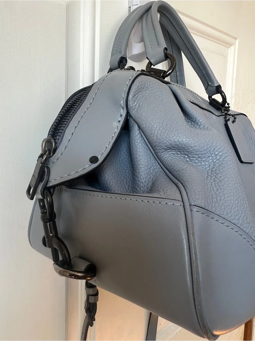 Coach Pebble Leather Lane Satchel Mist Blue